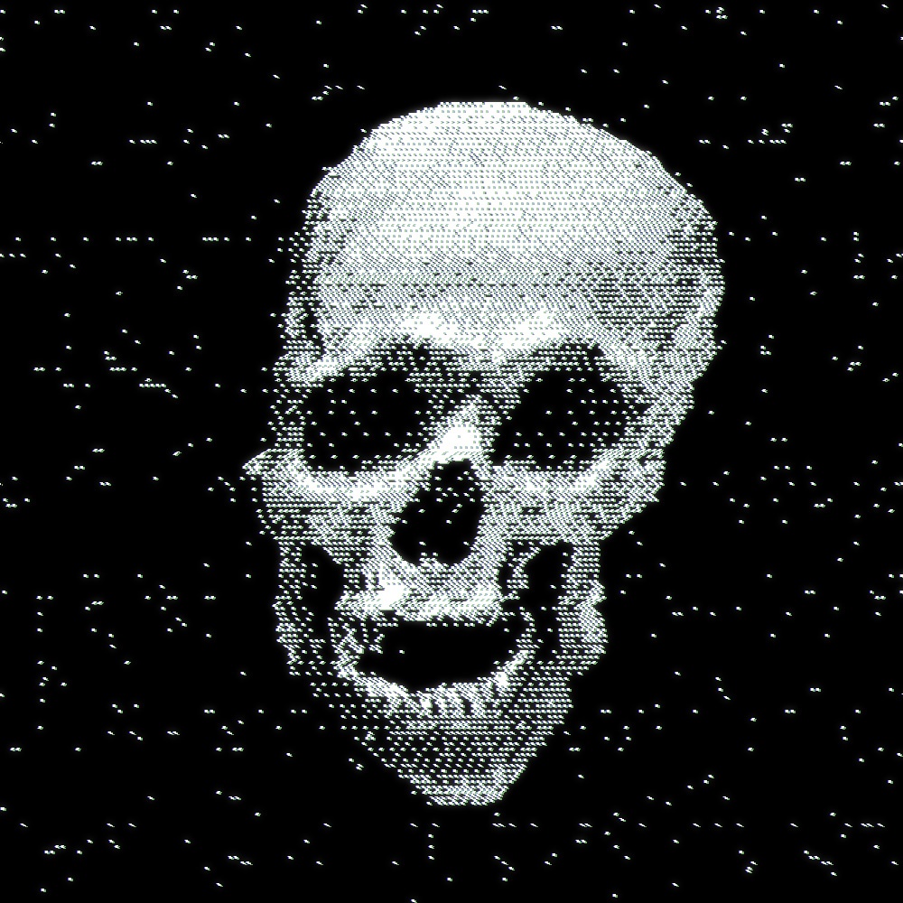 bitmap skull image warped with crt filter