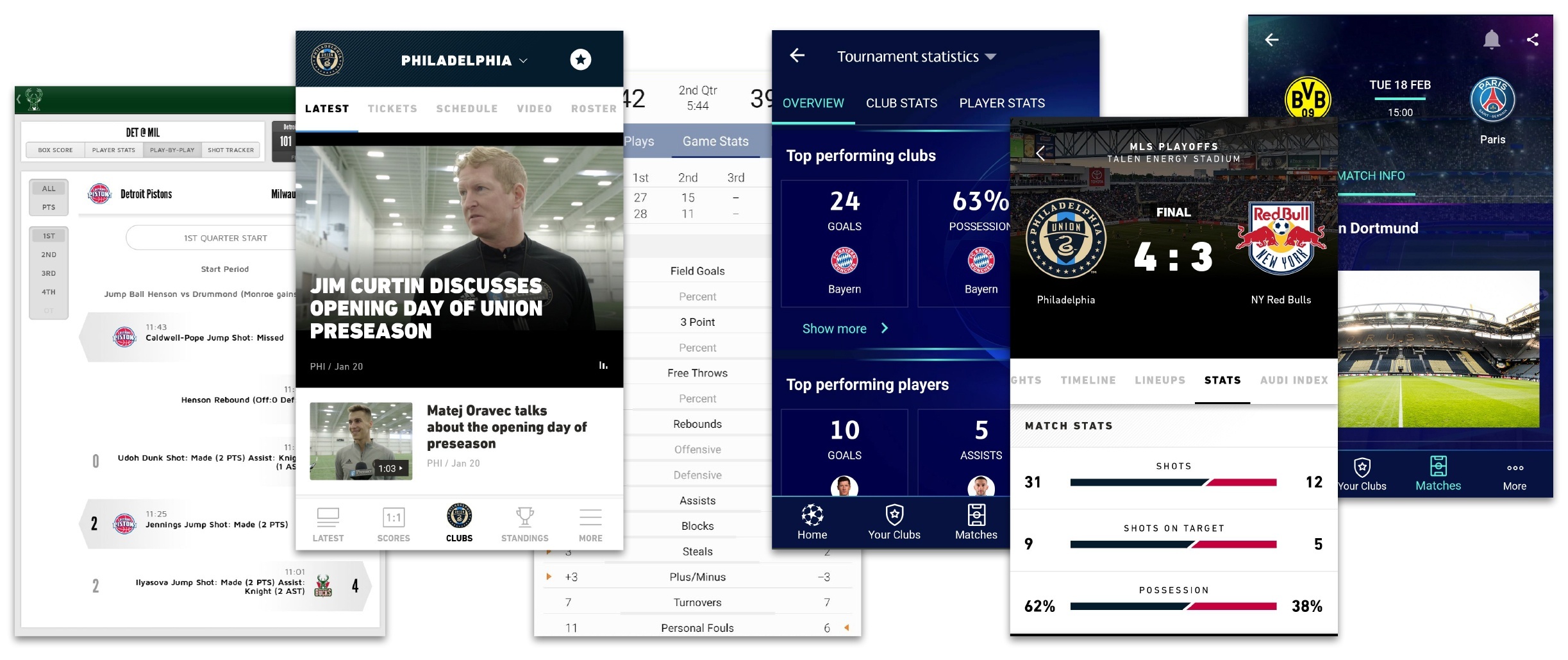 a collage of various sports apps showing their stats screens and general experience