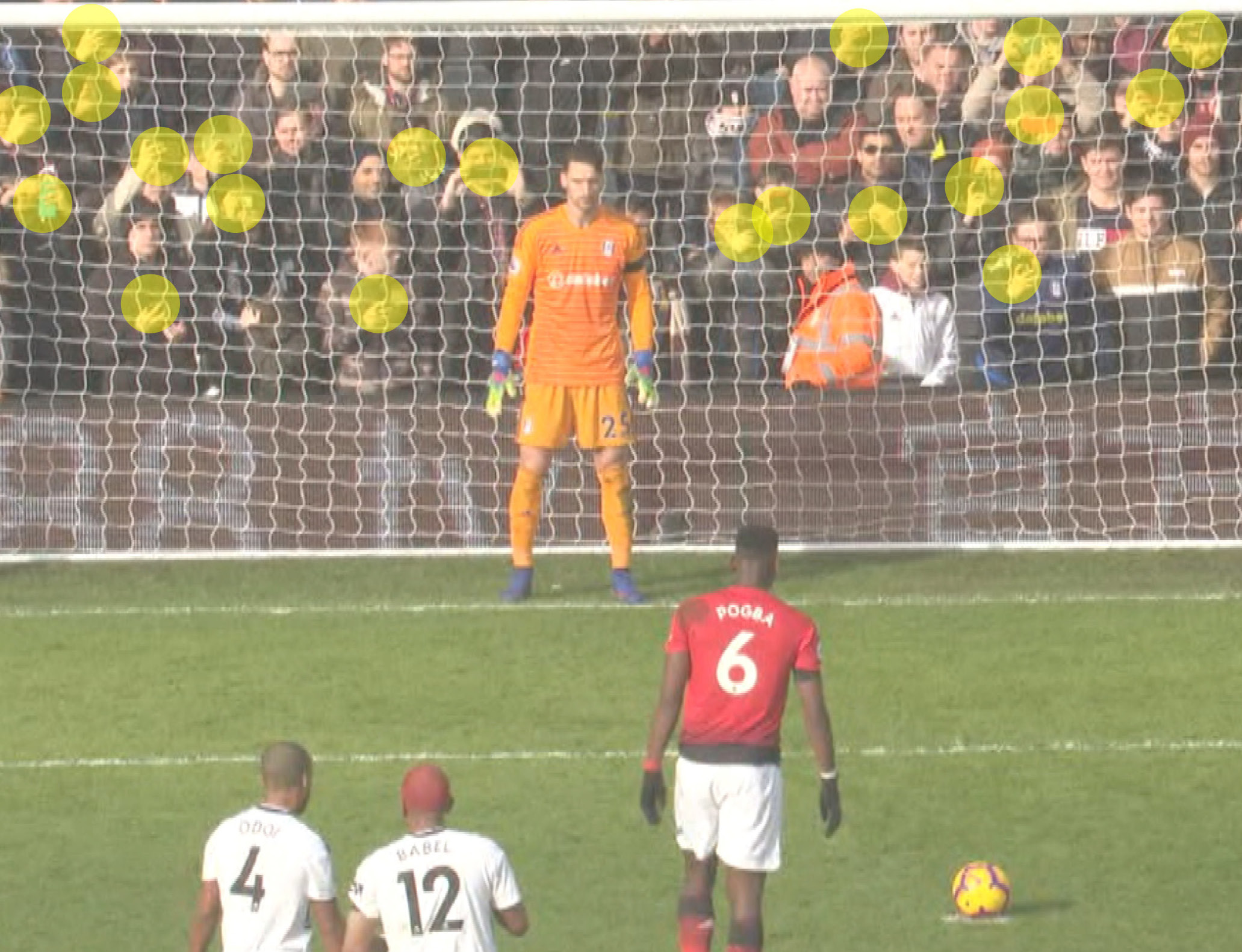 a picture of the fans behind the goal during a penalty kick with all of the phones highlighted