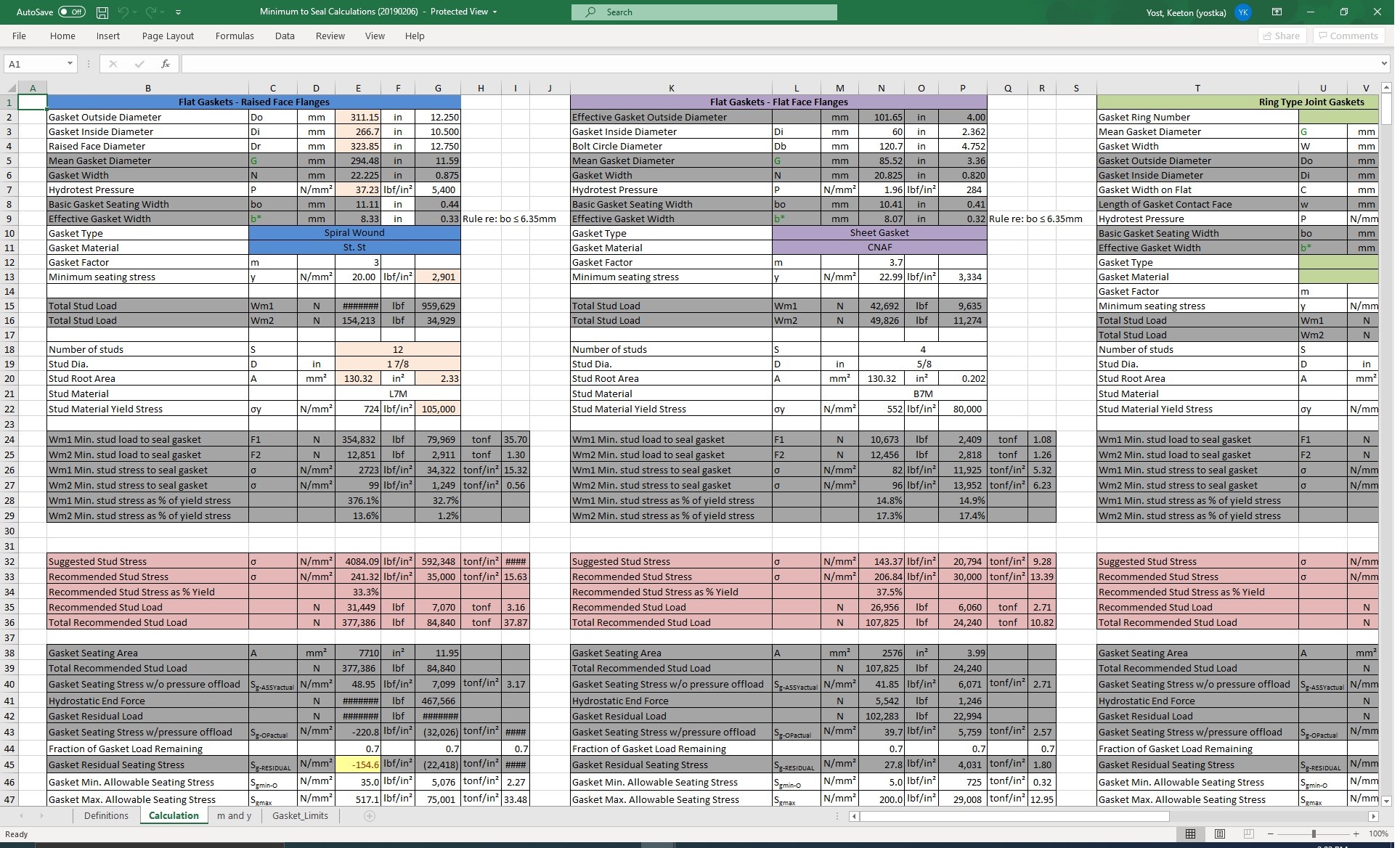 screenshot of excel sheet for calculating bolt load